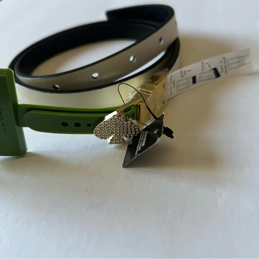 KATE SPADE REVERSIBLE BELT BLACK/WHITE WITH CRYSTAL STUDDED GOLD SPADE SMALL NWT